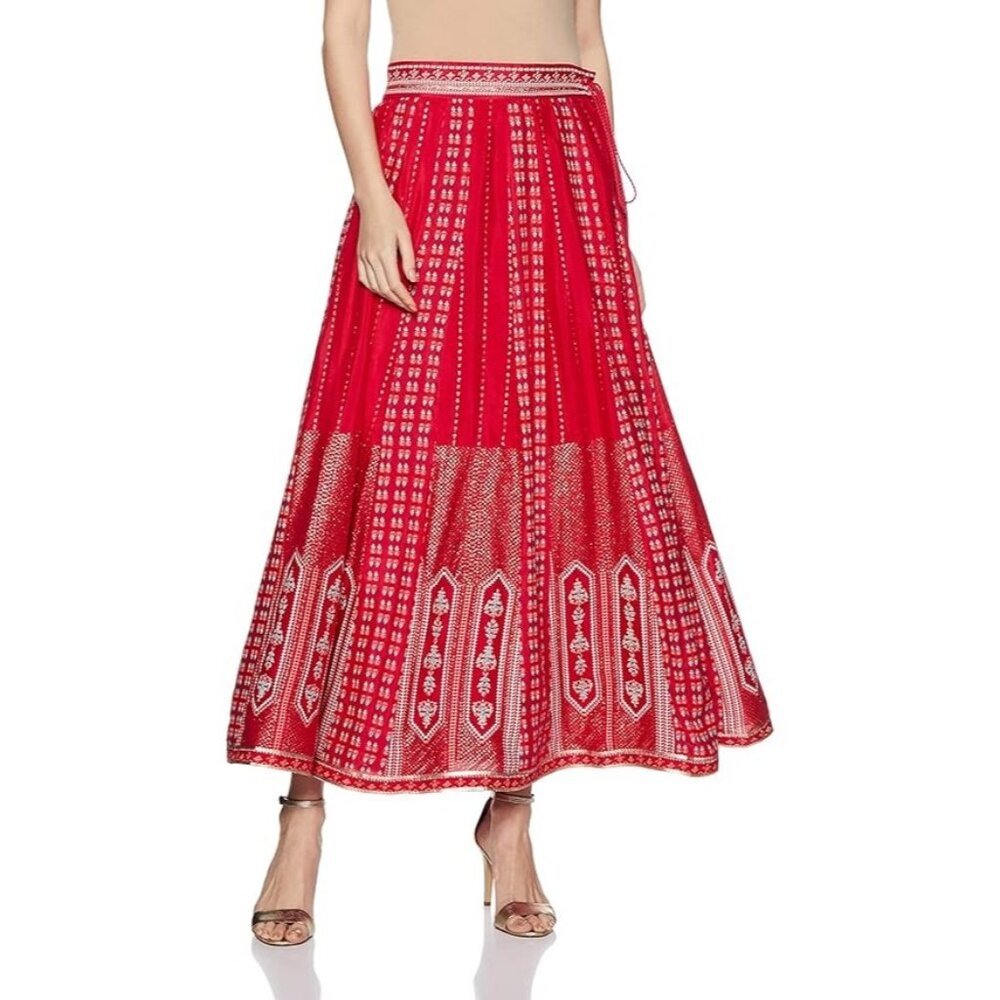 W Boho Maxi Skirt Embroidered Design Elastic Waist india festival red gold blue